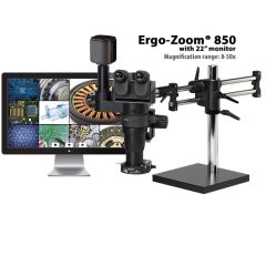 OC White TKEZT-850 Ergo-Zoom&reg; 850 Stereo Zoom Trinocular Microscope with Dual Boom Stand, 22" LCD Monitor, 6MP Hybrid HDMI/USB Camera & Ring Light