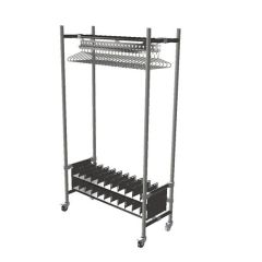Palbam Class GG1112C Mobile Electropolished Stainless Steel Garment Rack with Slotted Hanger Rail & Bootie Storage