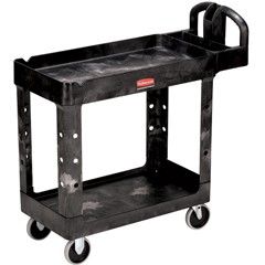 Rubbermaid 4520-10 Heavy Duty Polypropylene Utility Cart with 2 Lipped Shelves & Pneumatic Casters, 45.25" x 26" x 37"