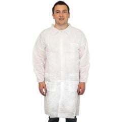 Safety Zone DLWH Polypropylene Disposable Lab Coats with 3 Pockets, White