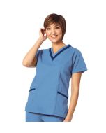 7575 Fashion Seal® Womens' Modern Fit Tunic with Double V-Neck, Ciel Blue with Navy Trim